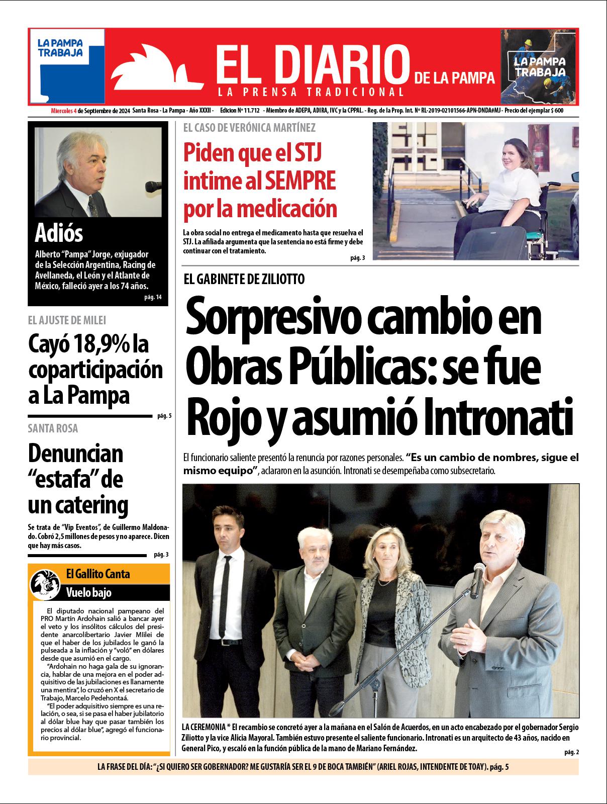 Tapa de El Diario en papel  mieacutercoles 04 de septiembre de 2024